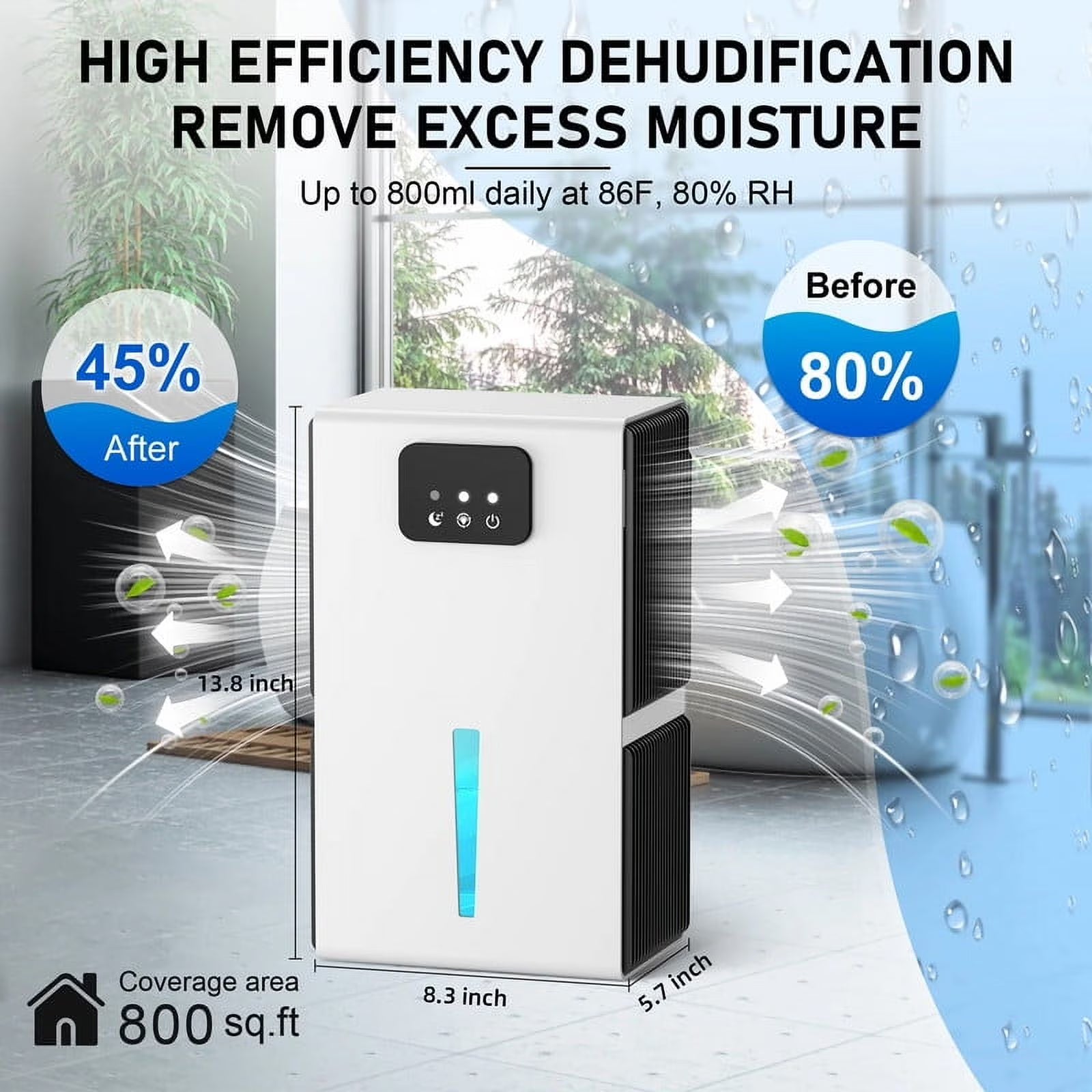 Dehumidifiers for Home, 62 OZ Dehumidifier for Room with Auto Shut Off, Sleep Mode (800 sq. ft) Portable Dehumidifier for Bathroom, Bedroom, Basement, RV, 7 Colors LED Light, White