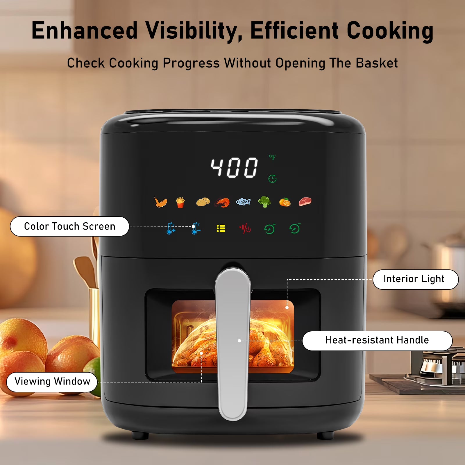 5QT Air Fryer, 8-in-1 Electric Hot Oven with Digital Touch Control, Visible Window, Nonstick & Dishwasher Safe Basket, Black
